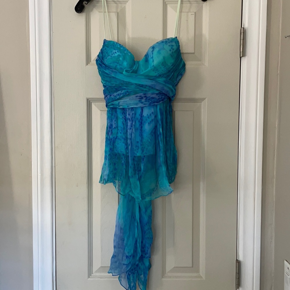 Cinema Haute Couture corset top. Unique tie-dye. Blueish-purple & turquoise.